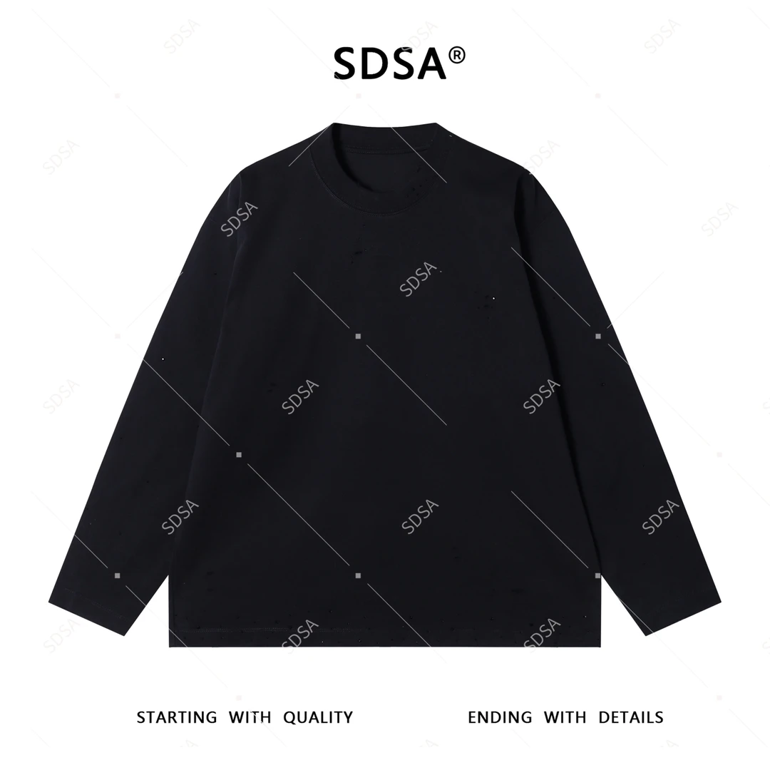 SDSA男士秋冬新款轻奢痞帅男装简约割破烫钻圆领长袖T恤时尚潮牌