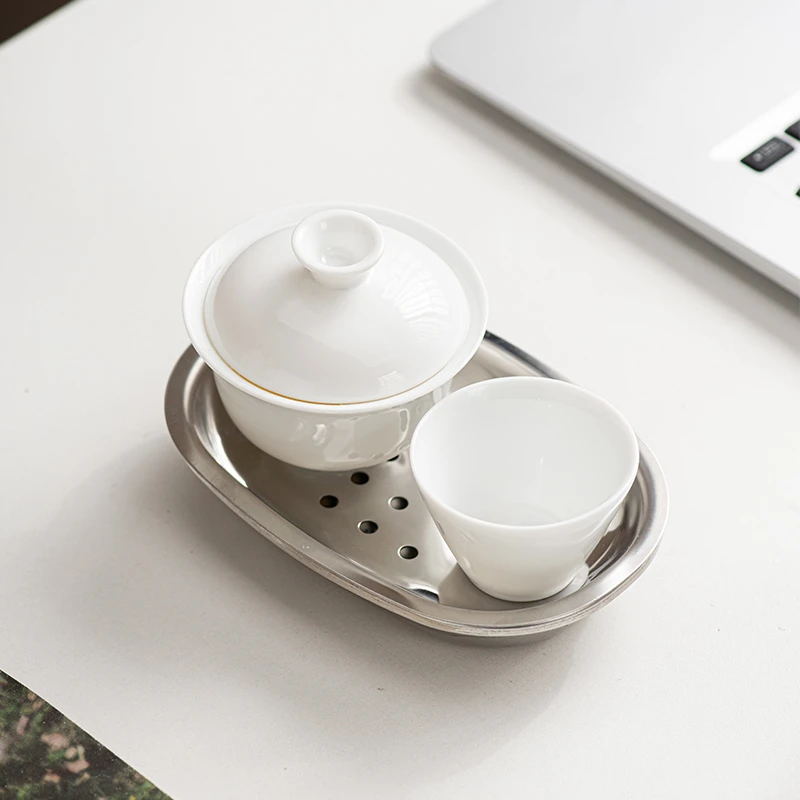 办公室一人饮茶白瓷功夫茶具套装不锈钢茶盘一人独饮小茶具