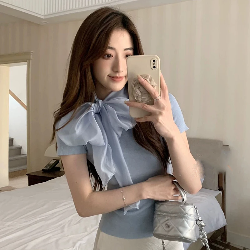 夏新款设计感飘带蝴蝶结系带冰丝短袖t恤女时尚洋气正肩针织上衣