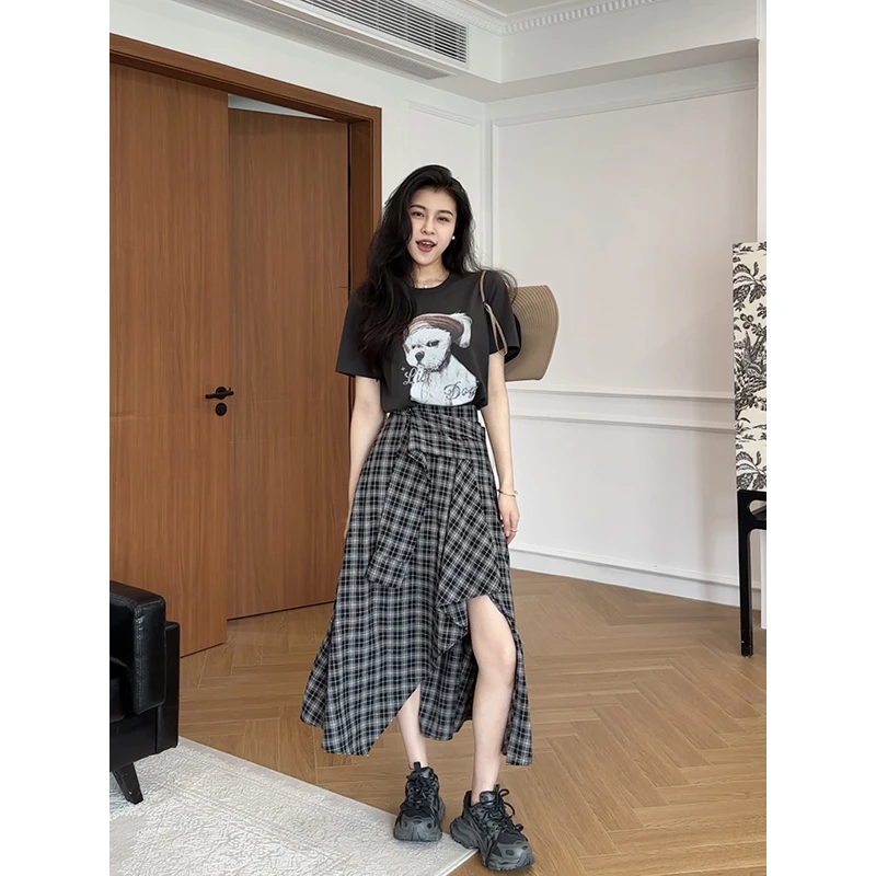 张阿星【撒野套装】美式高街水洗短袖T+不规则格子半裙  W425A05034