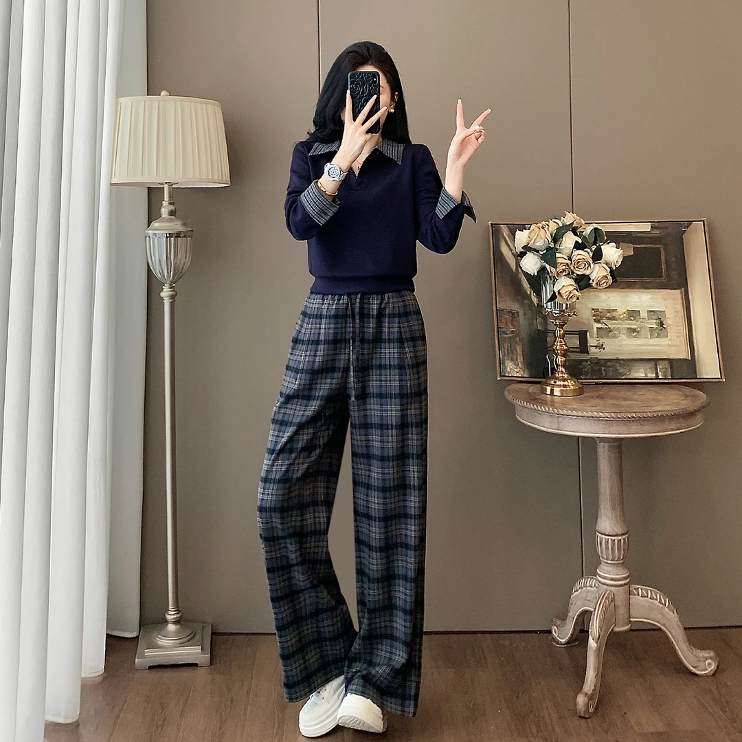 休闲气质时尚套装女假两件上衣格子阔腿裤两件套2025秋季新款女装