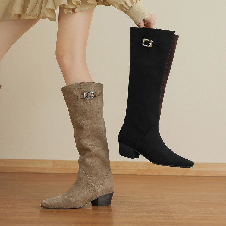 【云菲美学•甑选】方头粗跟长靴女秋冬磨砂皮带扣骑士靴高筒靴子