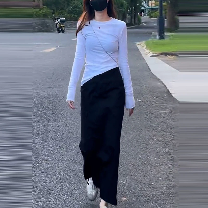 修身显瘦长袖T恤高腰黑色半身裙2025春季潮流新款休闲百搭套装女