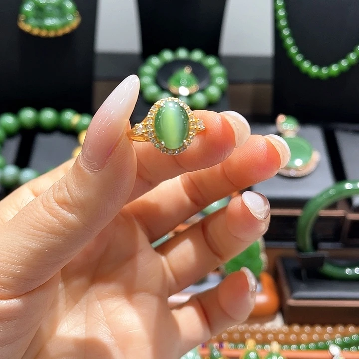 和田玉（碧玉）银S925镀金镶嵌戒指