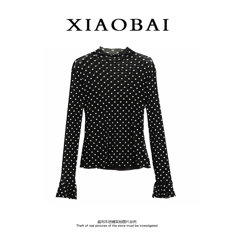 XIAOBAI 波点长袖木耳边t恤黑色修身显瘦长袖韩版复古港风上衣女
