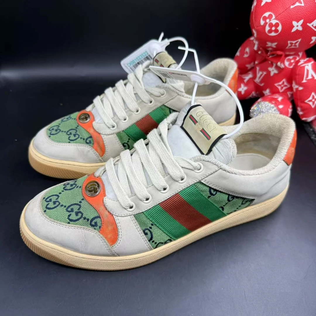 95新 GUCCI/古驰 男士时尚灰绿老花休闲脏脏鞋41欧码 kke487