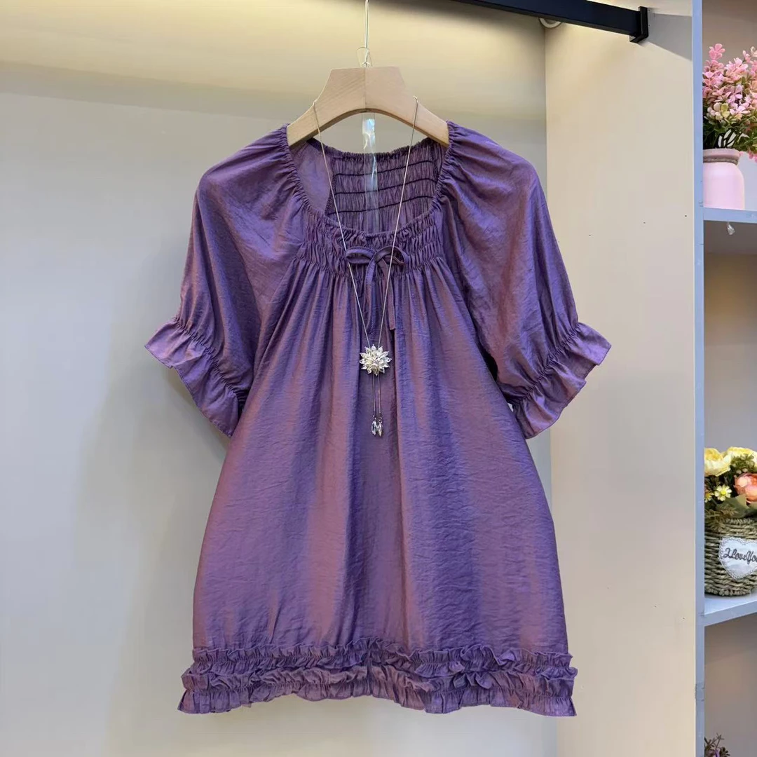 欧货2025法式甜美蝴蝶结洋气木耳边下摆宽松减龄短袖衫