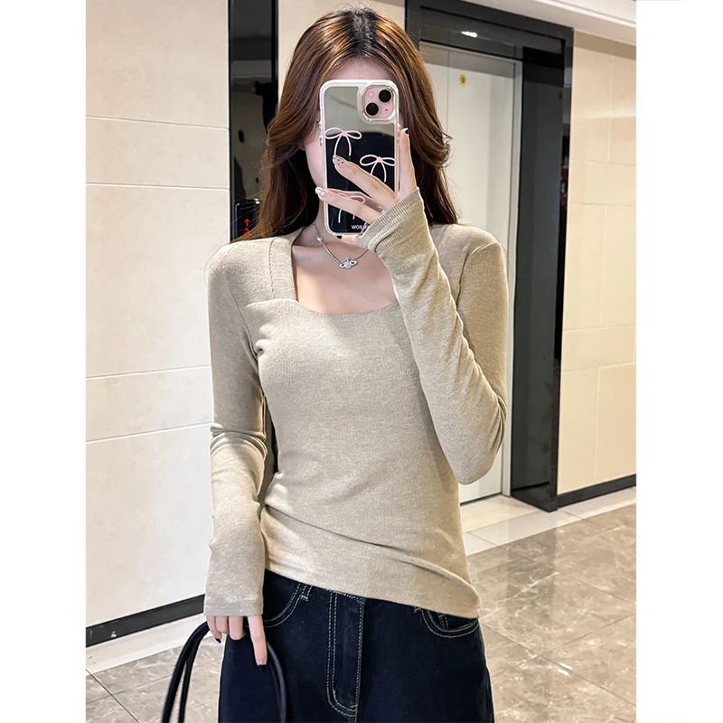 【慕斯双面绒】长袖T恤女方领上衣时尚百搭弹力显瘦修身纯欲打底衫