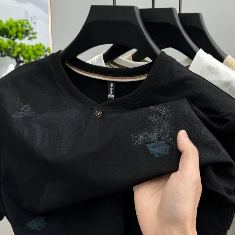 CATIA SELI2025夏季新款丝光棉T恤男士短袖圆领打底衫薄款体恤衫