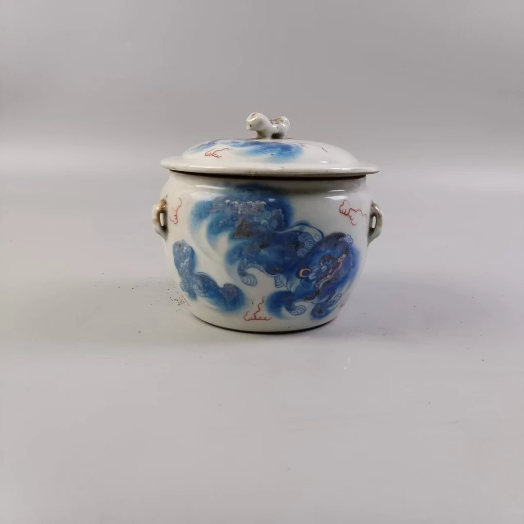 18 154 民 国 青花矾红狮戏粥罐-5170198