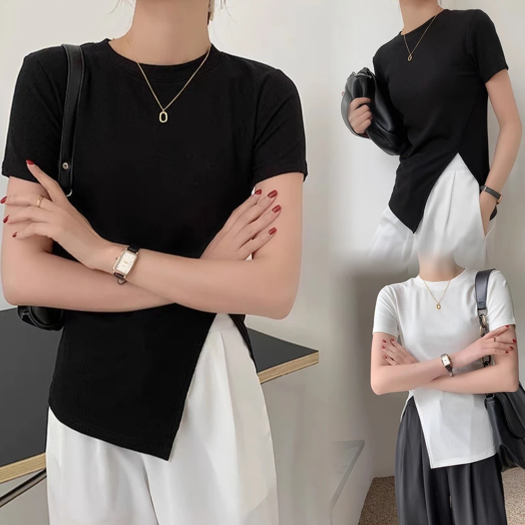 纯色百搭高级感不规则黑色短袖t恤夏季修身上衣女【运补6-8】