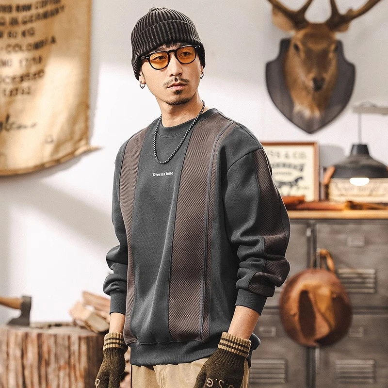 美式复古重磅卫衣男秋季高端新款潮牌肌理感拼接宽松休闲上衣男款