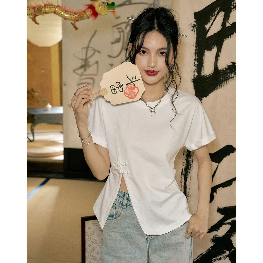 5094【毛毛专属】夏款国风盘扣开叉T恤女修身文艺风