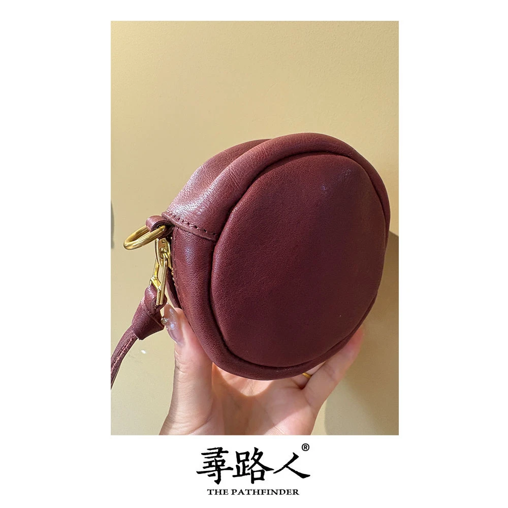 寻路人牛皮真皮复古小众简约可爱实用多功能汉堡包斜挎包  2090