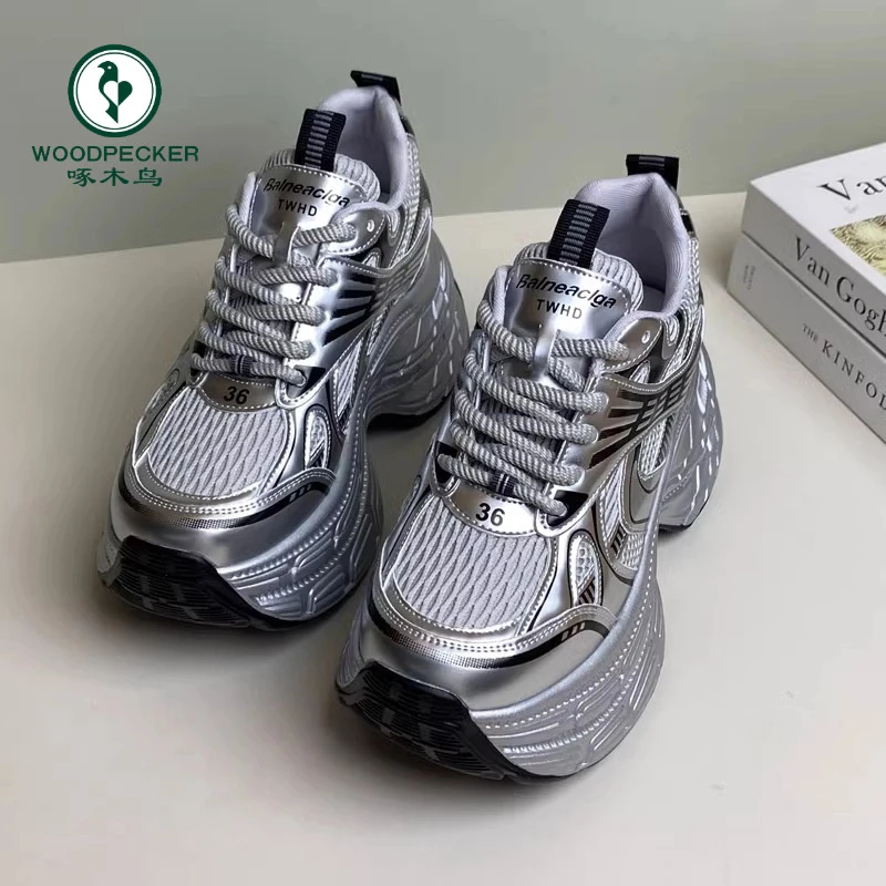 啄木鸟小个子老爹鞋春季2025新款欧货透气松糕休闲厚底内增高女鞋