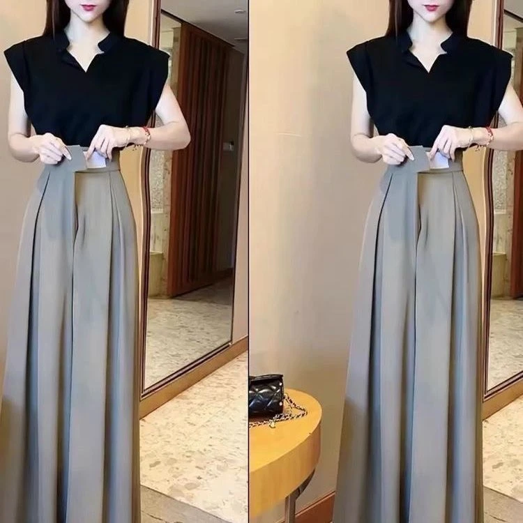 2025春夏新款御姐风气质百搭收腰上衣魔术贴高腰阔腿裤裙裤套装