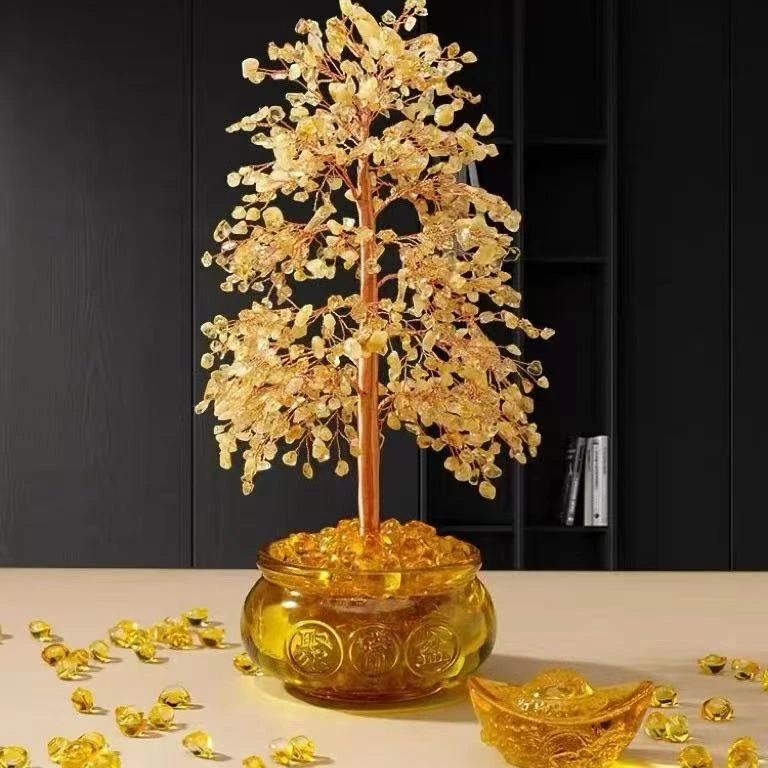 LZJV手工聚宝盆发财树摇钱树居家办公乔迁发财晶晶开业桌面摆件