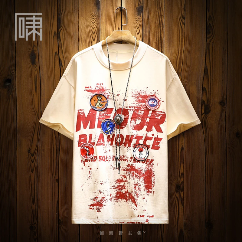 夏季潮牌美式休闲设计感绣标短袖T恤 男个性涂鸦oversize体恤半袖