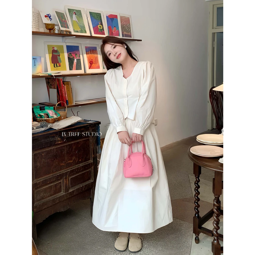 张桶桶QC【奶茶妹妹】韩系V领简约绑带收腰套装ins温柔ZXL01187