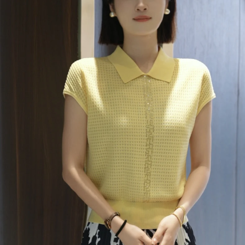 【云逸织华】夏季新品天丝桑蚕丝气质烫钻针织短袖 MG8192