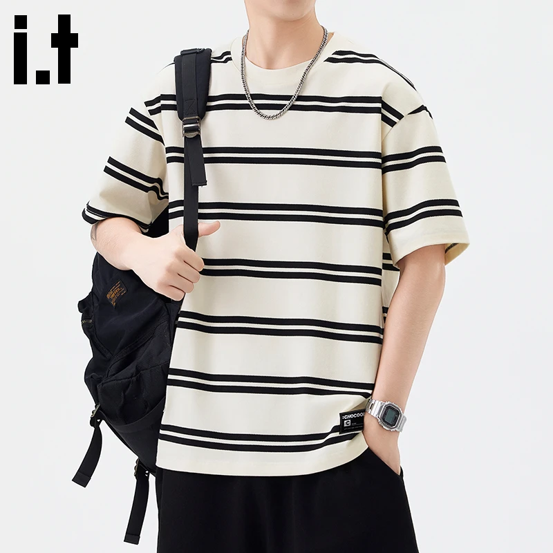 i.t:CHOCOOLATE美式圆领条纹t恤男士2025年夏季新款宽松半袖上衣