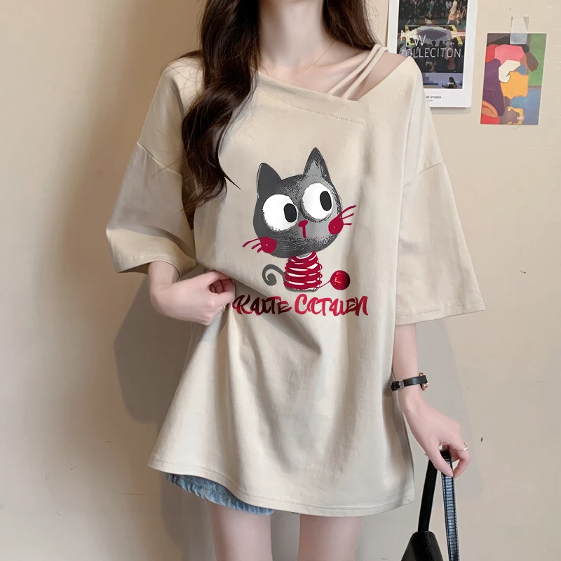 夏季斜肩卡通短袖T恤女韩版宽松显瘦百搭中长款大码洋气减龄上衣