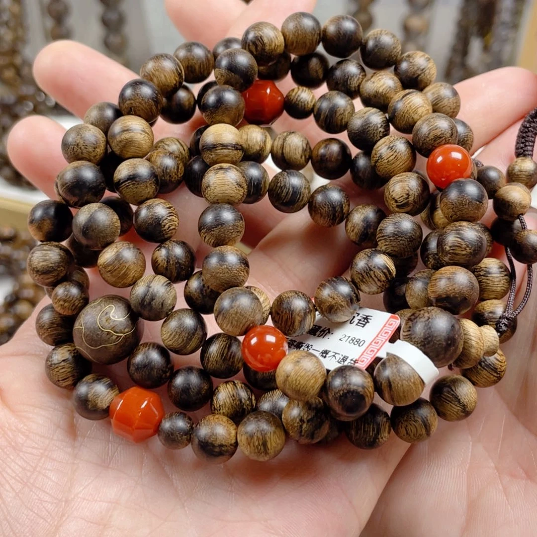 手串沉香玉**园越南芽庄老白棋玉化老料满瘤疤虎斑纹