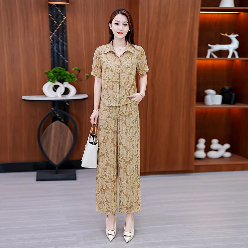 夏季妈妈装短袖套装2025新款时尚气质提花两件套洋气减龄九分裤