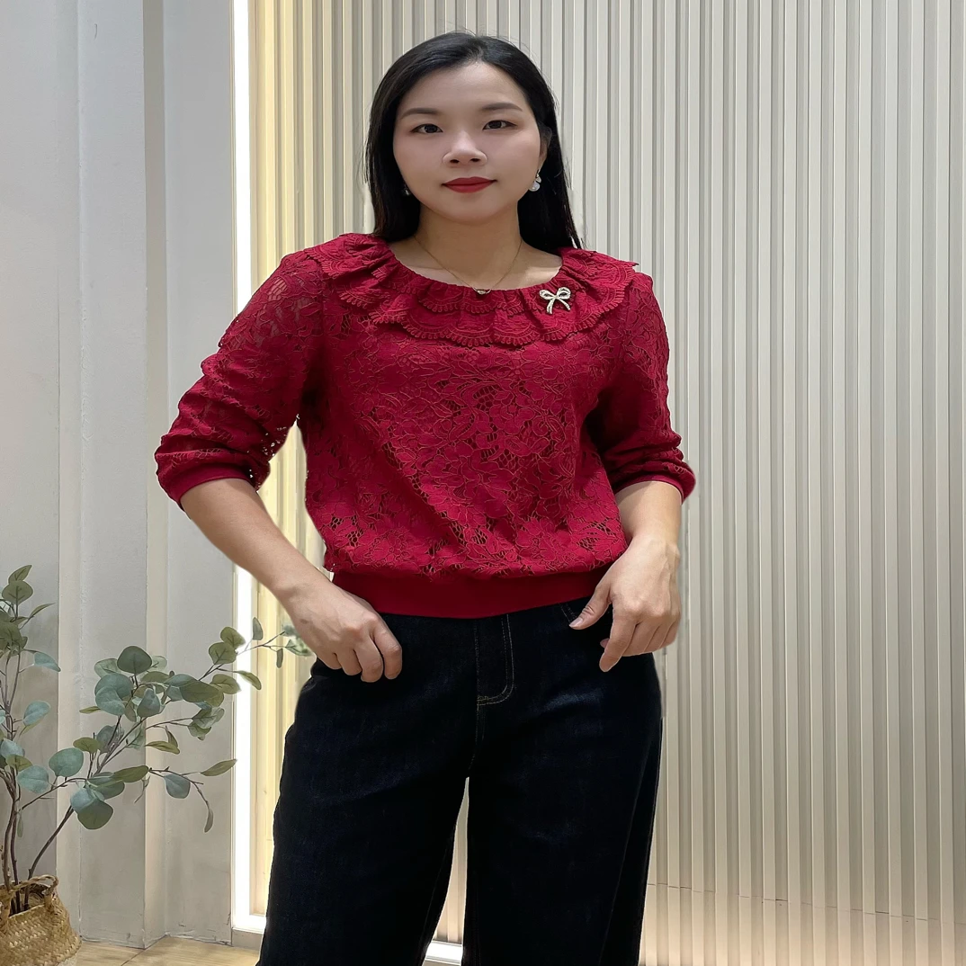 海百合气质娃娃领蕾丝显瘦上衣2733#