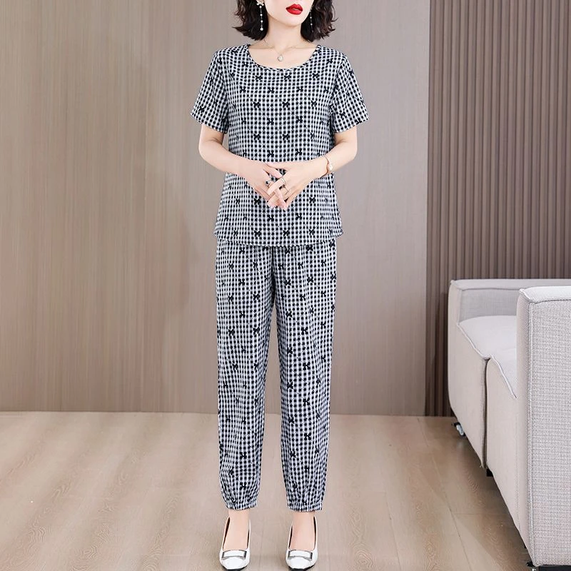 棉绸套装女时尚外穿夏季新款宽松洋气减龄大码短袖长裤休闲两件套
