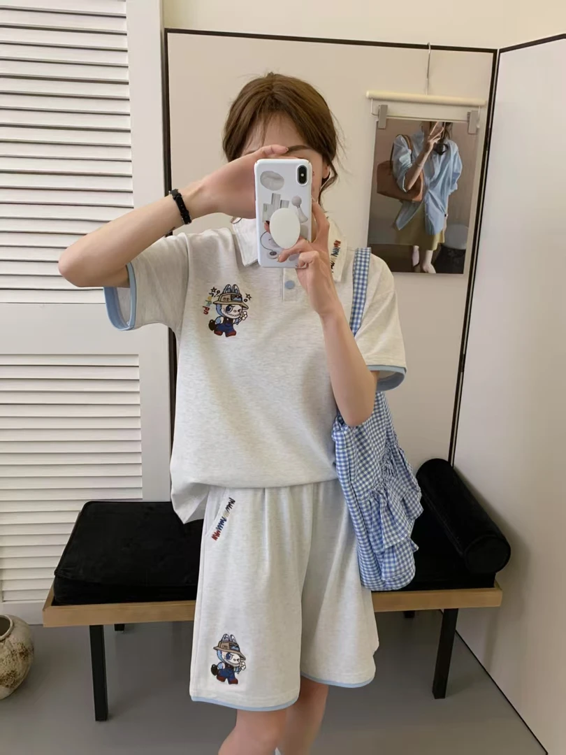 翻领拉布布套装 学院风卡通薄款重工休闲宽松百搭夏季减龄