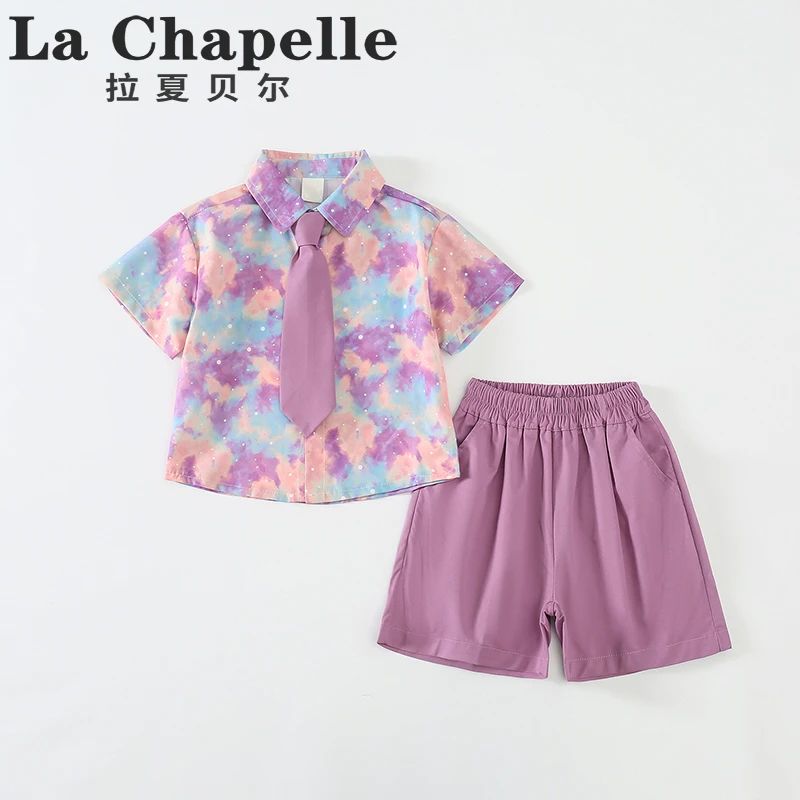 拉夏贝尔儿童港风夏装25新款儿童衬衫薄款领带短袖三件套装LB121