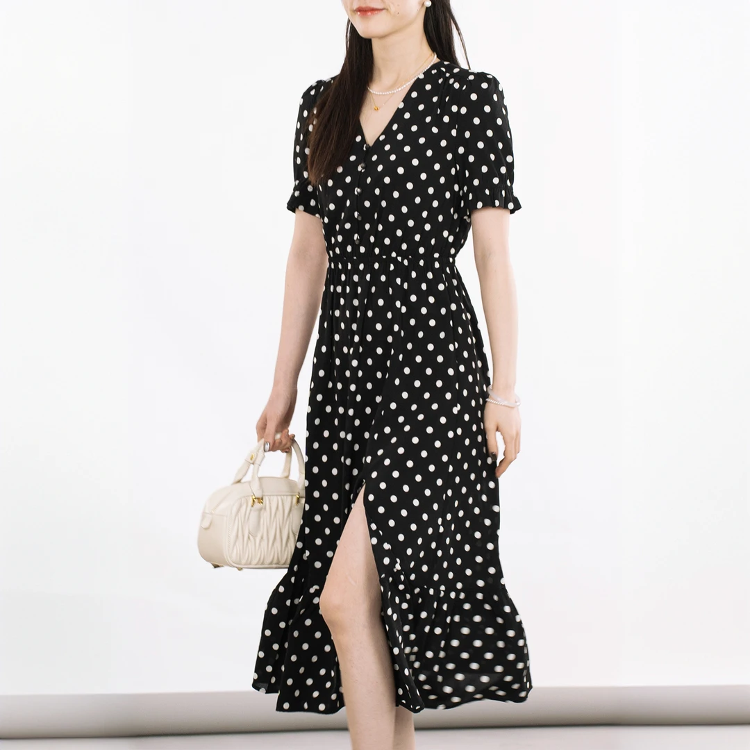 GIRDEAR/哥弟新款V领波点通勤收腰显瘦短袖连衣裙优雅长裙1500326