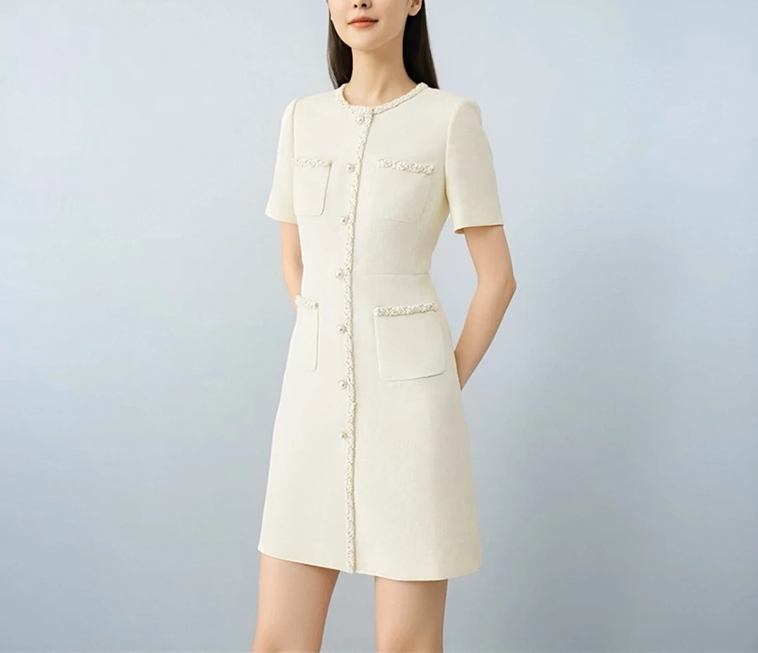 朗家yuan25年夏季新款圆领优雅气质小香风连衣裙0047