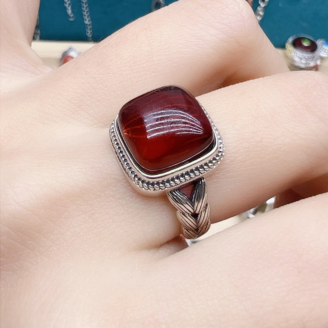 血珀戒指银S925镶嵌天然