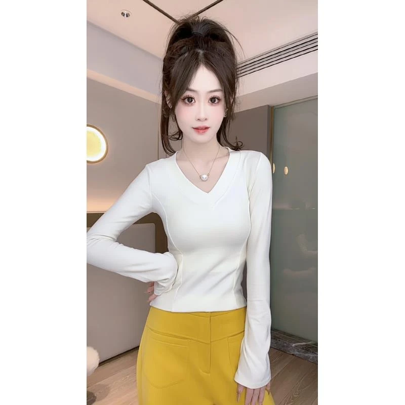 【正肩V领】单件上衣正肩V字领洋气气质百搭长袖磨毛打底上衣