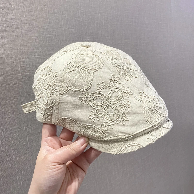 薄款刺绣花朵前进帽子女春夏季新款复古百搭显脸小鸭舌贝雷帽透气