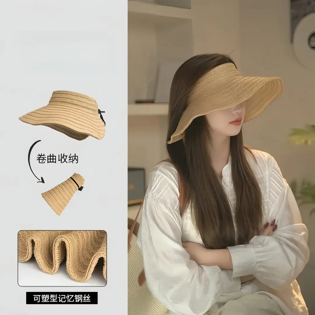 2025夏季新款大檐防晒空顶帽女沙滩海边全脸遮阳度假可折叠草帽qt