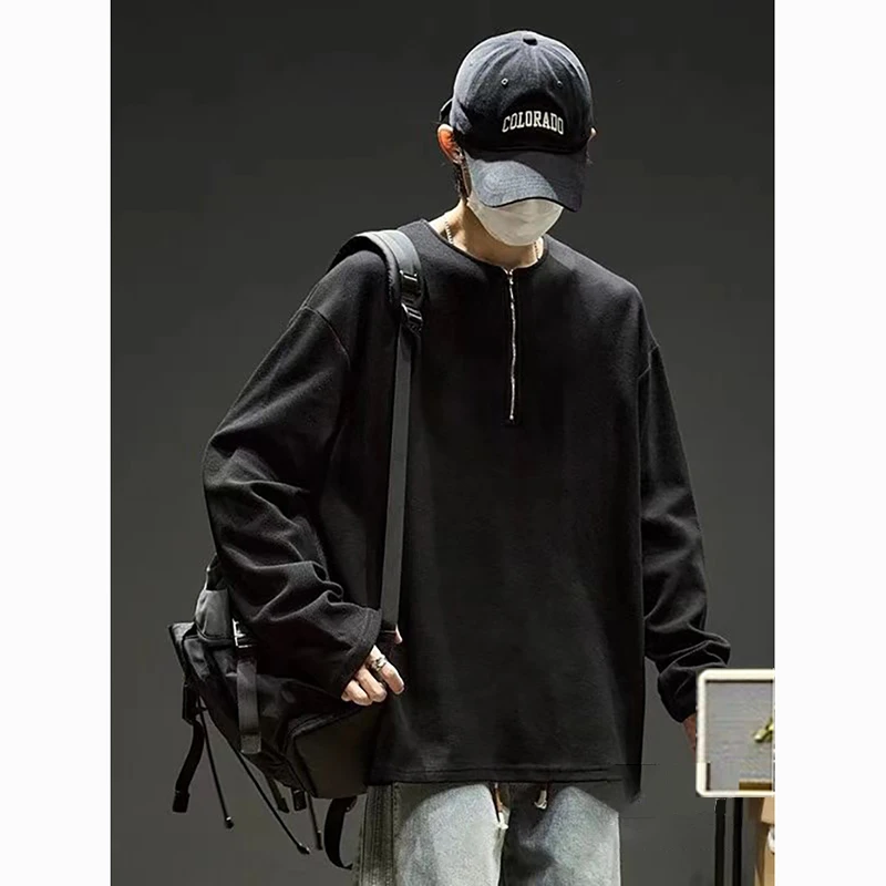 美式复古华夫格无领半拉链打底衫cleanfit纯色针织休闲宽松长袖男