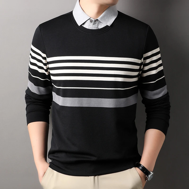 Louis Fordea路易弗狄高档条纹针织衫假两件男假两件针织条纹POLO