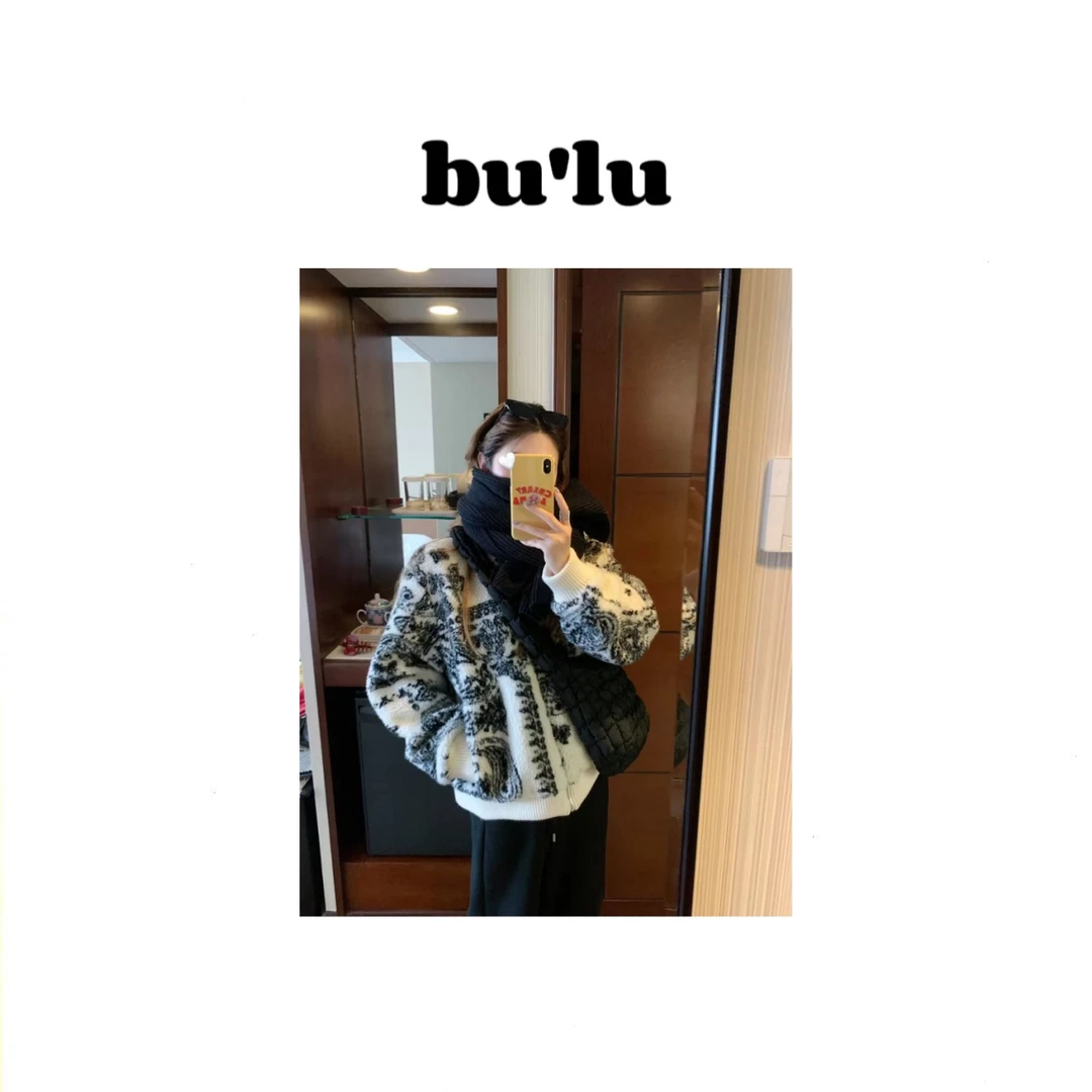 bu'lu " 休闲日记“ 女冬美式复古印花立领羊羔毛外套