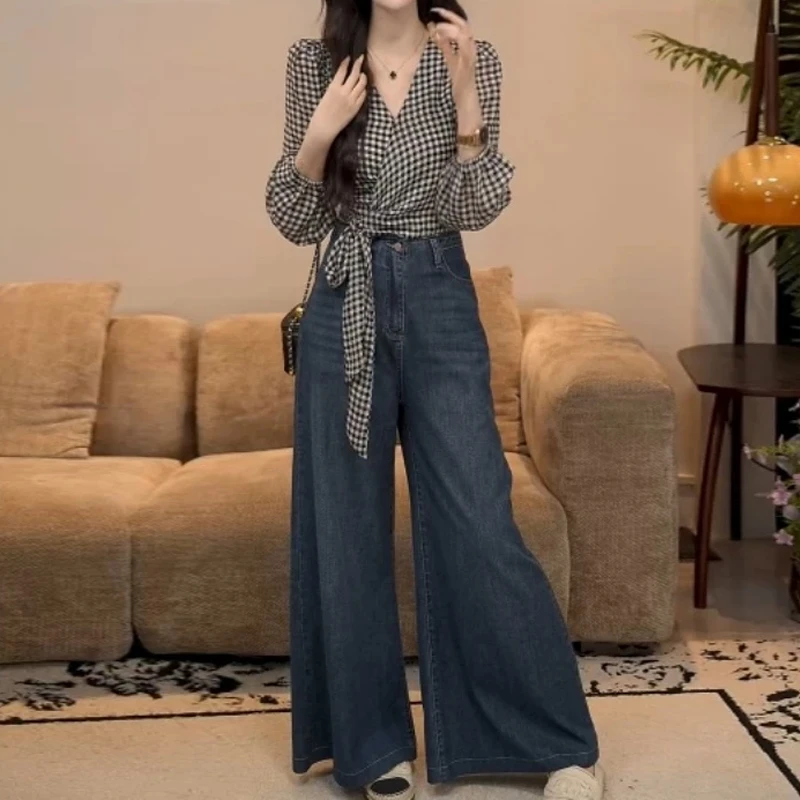 2025年秋季新款高级感绑带收腰长袖格子衬衫女士时尚百搭小众衣服