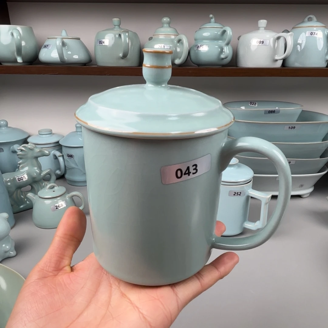 摆件陶汝瓷办公杯两件套圈足烧仿古釉043