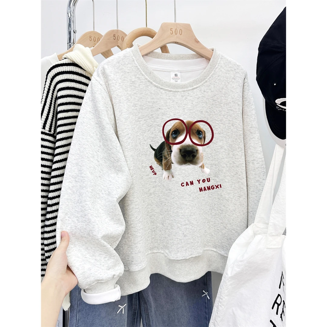 胖mm正肩大码圆领卫衣女2025秋冬季狗狗图案印花宽松百搭套头上衣