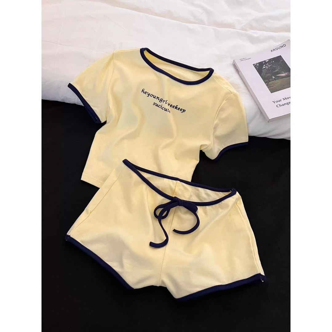 美式辣妹撞色字母印花睡衣女夏季新款宽松慵懒短袖短裤家居服套装