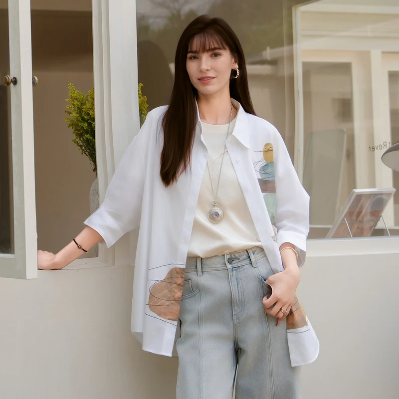 谜底印花衬衫分袖女2025春季新款复古文艺宽松中长衬衣256MC6014