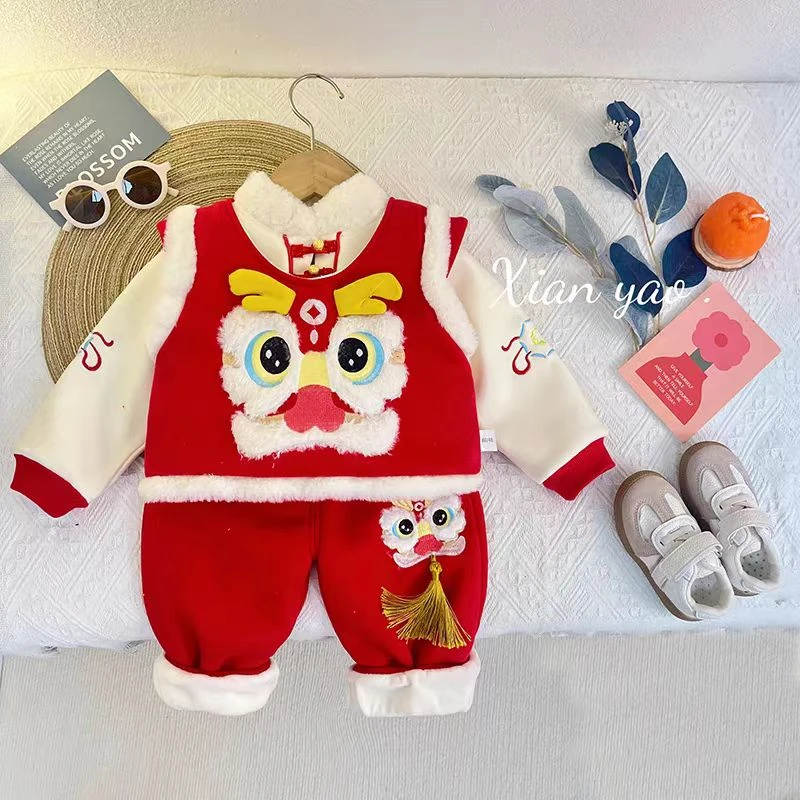 儿童新款男童女童套装冬季唐装加绒三件套中国新年拜年服M-R-D79