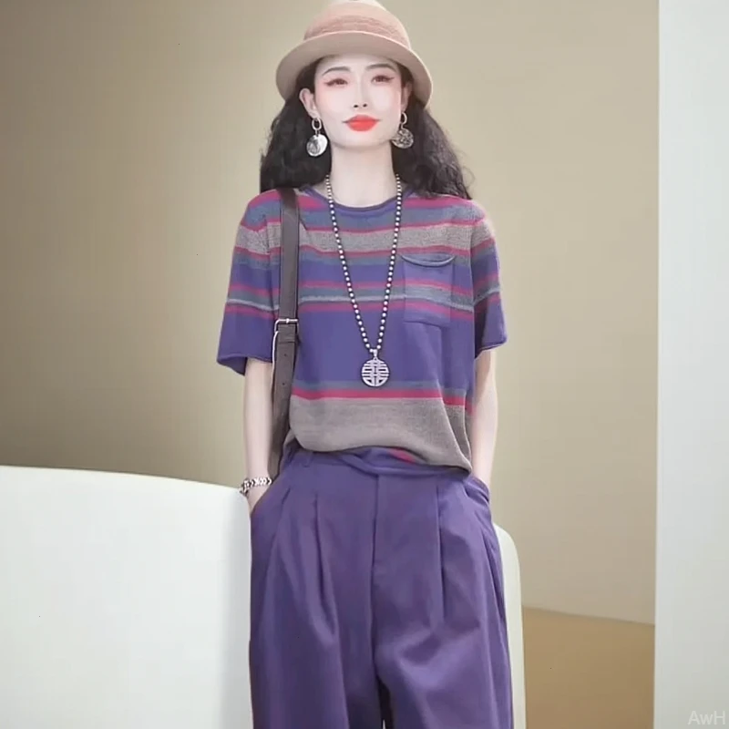 2025夏季女新款复古撞色条纹设计感时尚宽松百搭气质显瘦T恤上衣