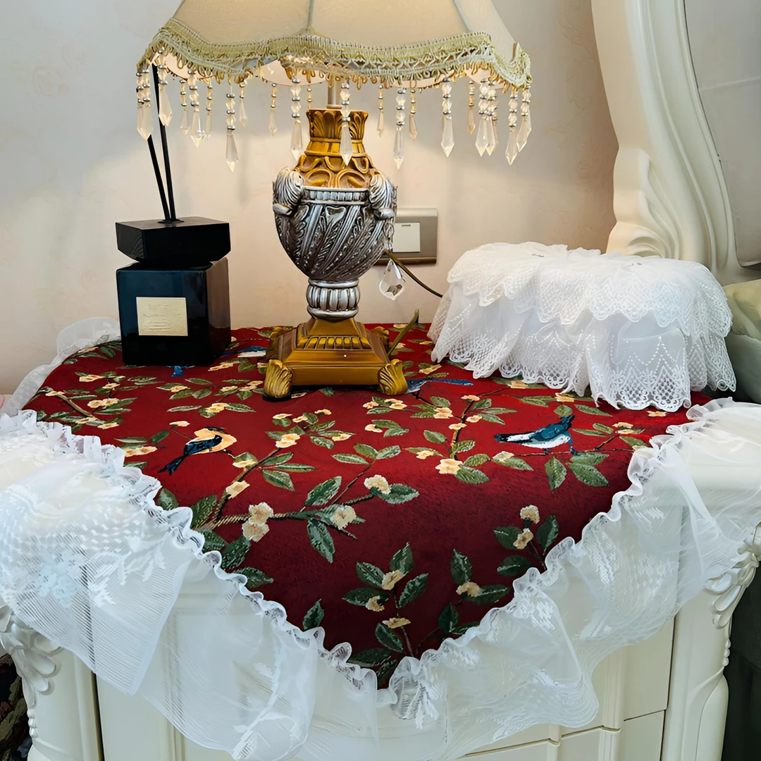 复古花卉蕾丝边床头柜盖巾几布床头柜万能盖巾边几柜多用防尘