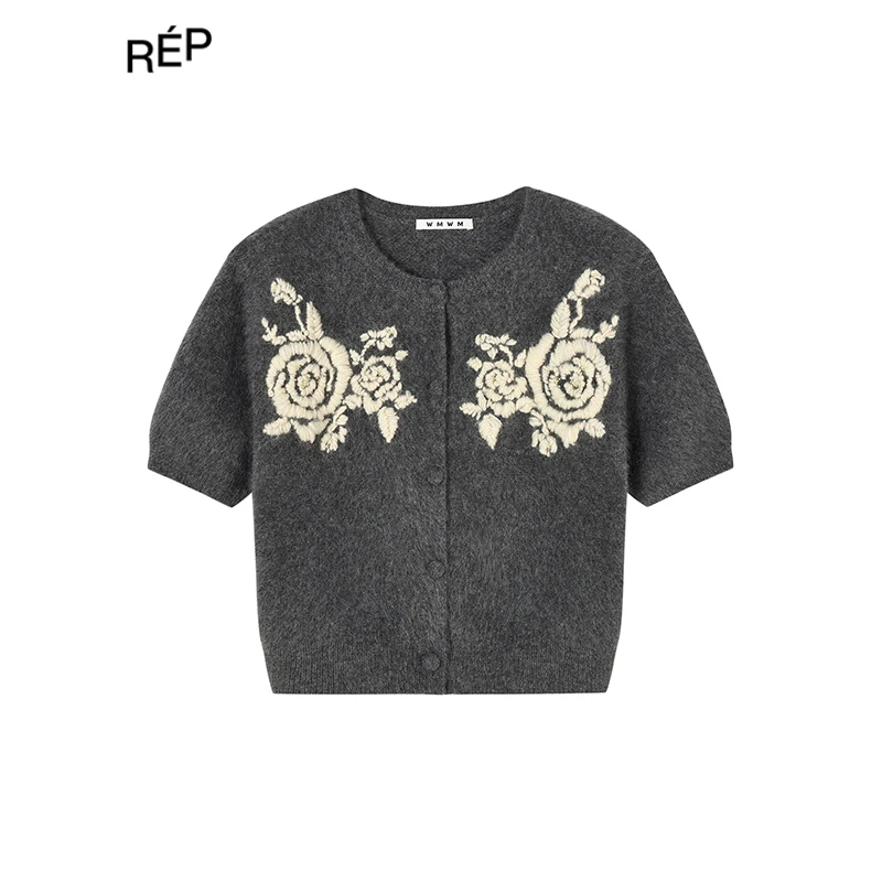 REP-WMWM设计师品牌灰色牦牛绒绣花短袖针织开衫 25PF早秋新款